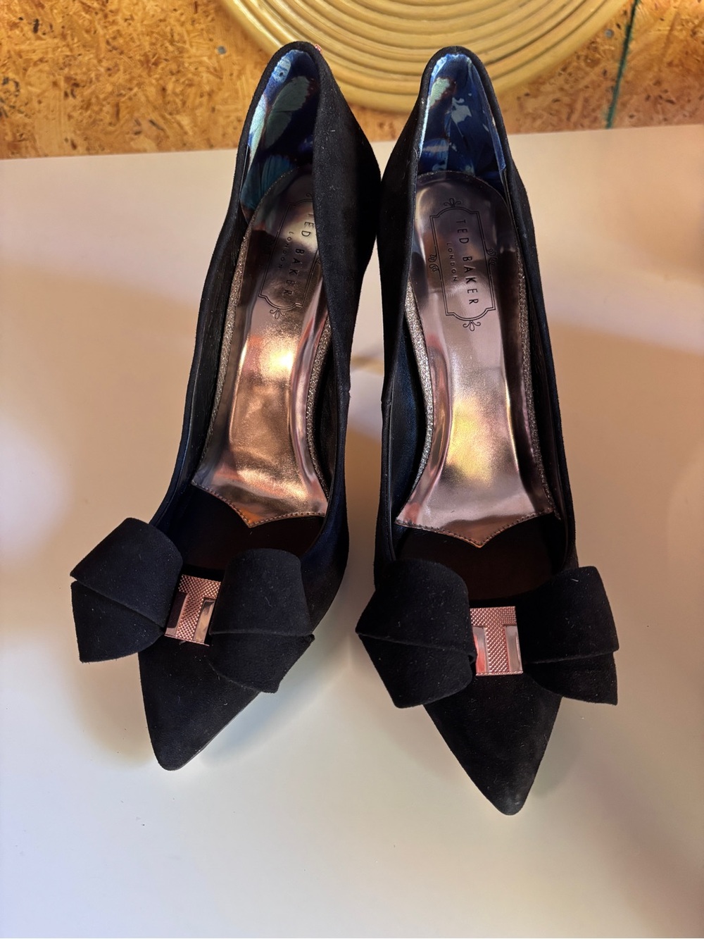 Ted Baker Black Suede Pointed-Toe Pumps with Bow Accent